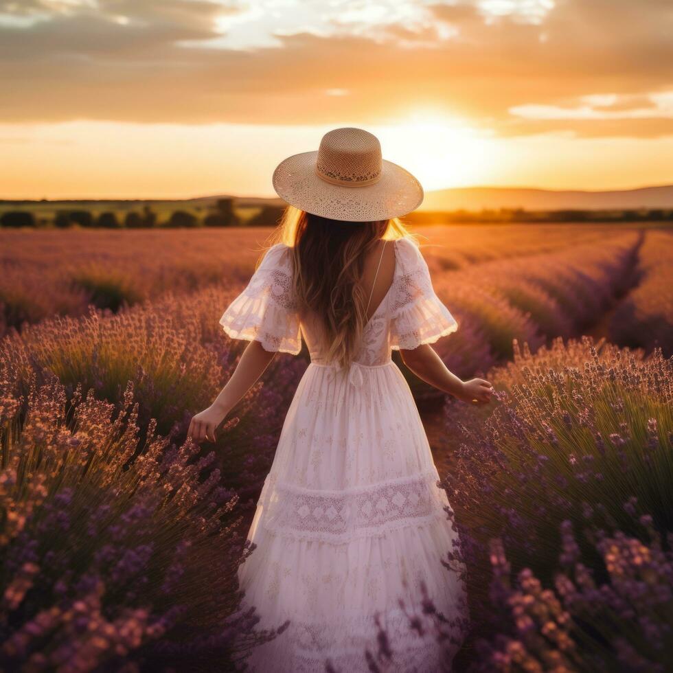 mujer caminando lavanda campo - ai generado foto