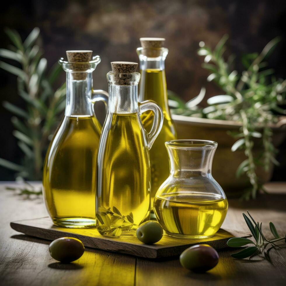 Sleek Glass Bottles  Olive Oil for Culinary Creations - AI generated photo