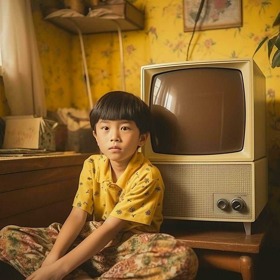 Japanese Boys Fascinated by Retro TV - AI generated photo