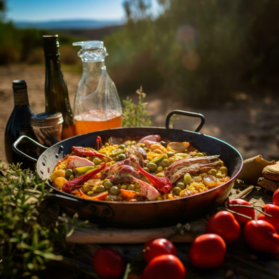 Outdoor Cooking  Valencian Paella - AI generated photo