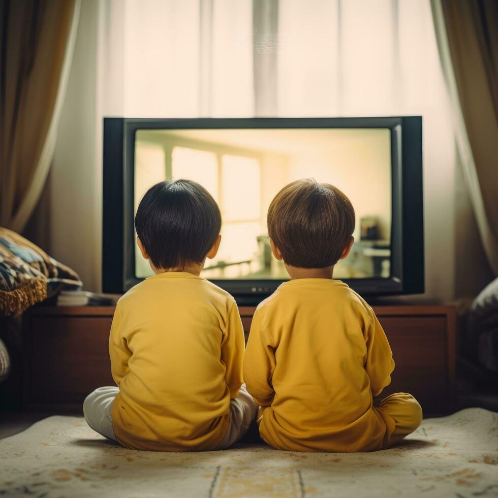 Japanese Boys Fascinated by Retro TV - AI generated photo