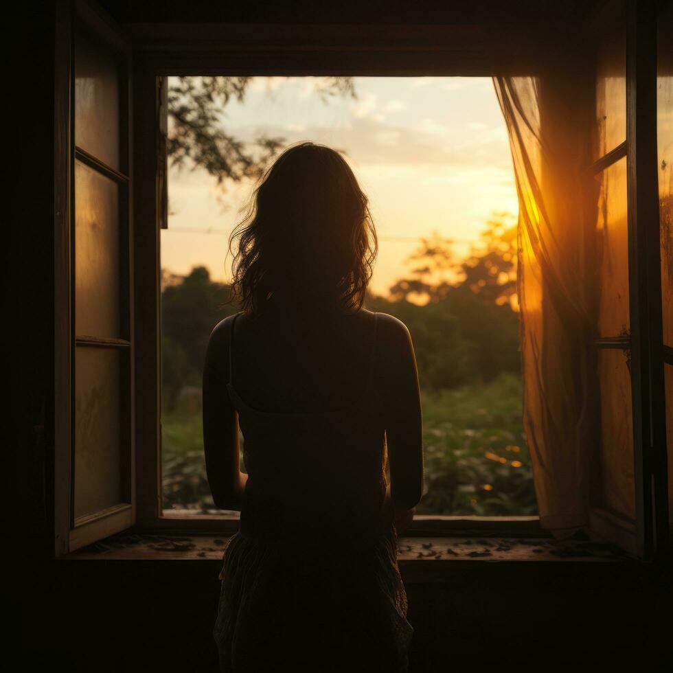 Woman silhouette through dusty window - AI generated photo