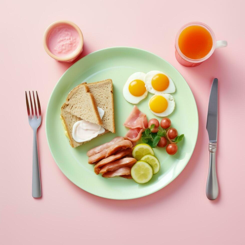 plato con delicioso desayuno en mesa - ai generado foto