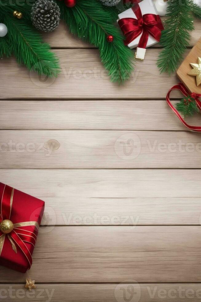 christmas background with christmas tree branches gifts and place for text photo