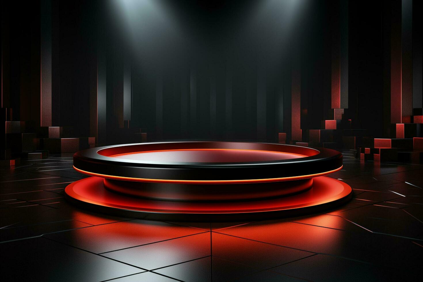 Ai Generated photo red light round podium and black background for mock up realistic image