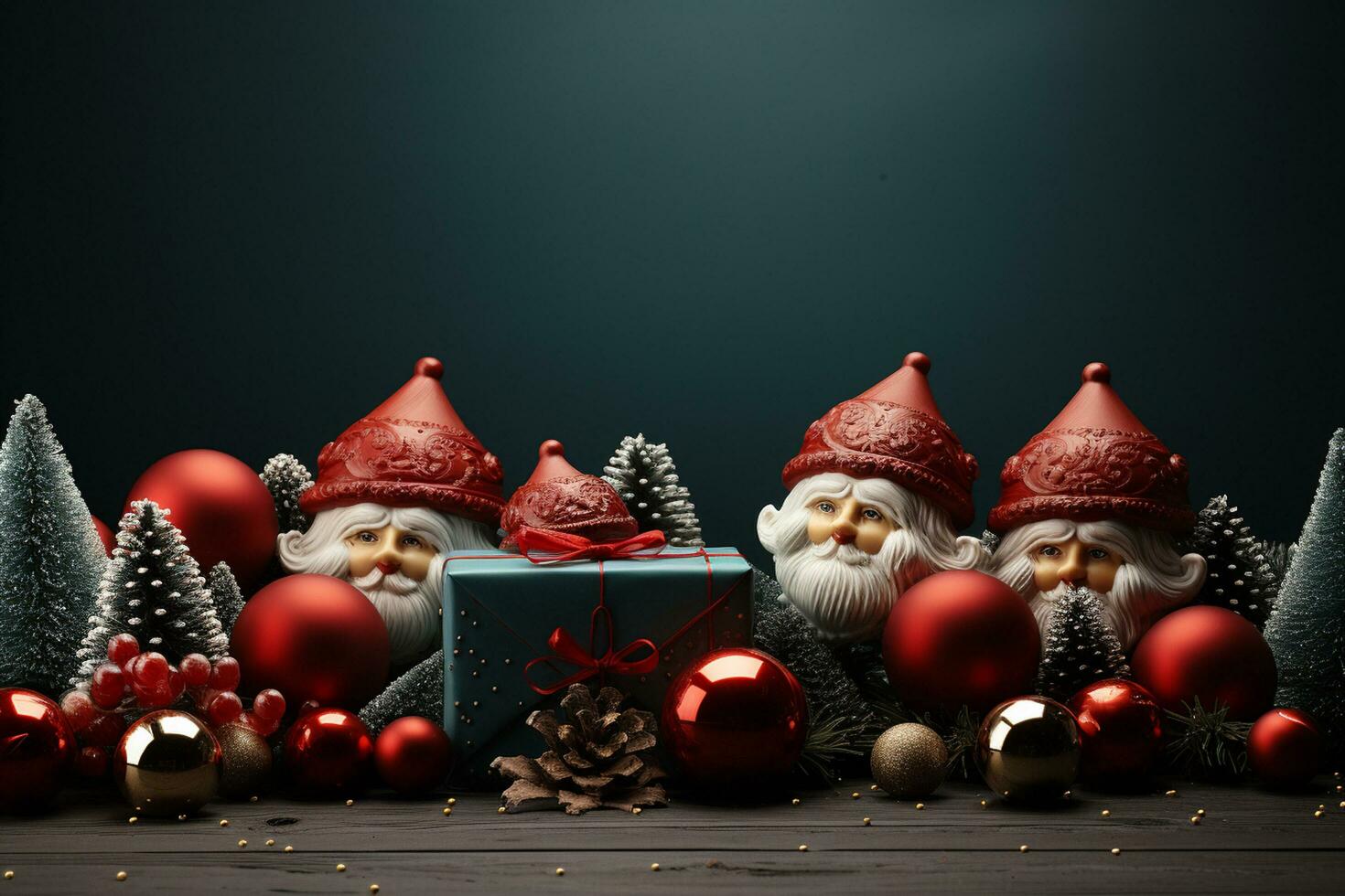 Ai Generative Christmas banner with copy space for text, santa claus celebrate with giftboxes, fir tree branches and red ornaments, dark color background photo
