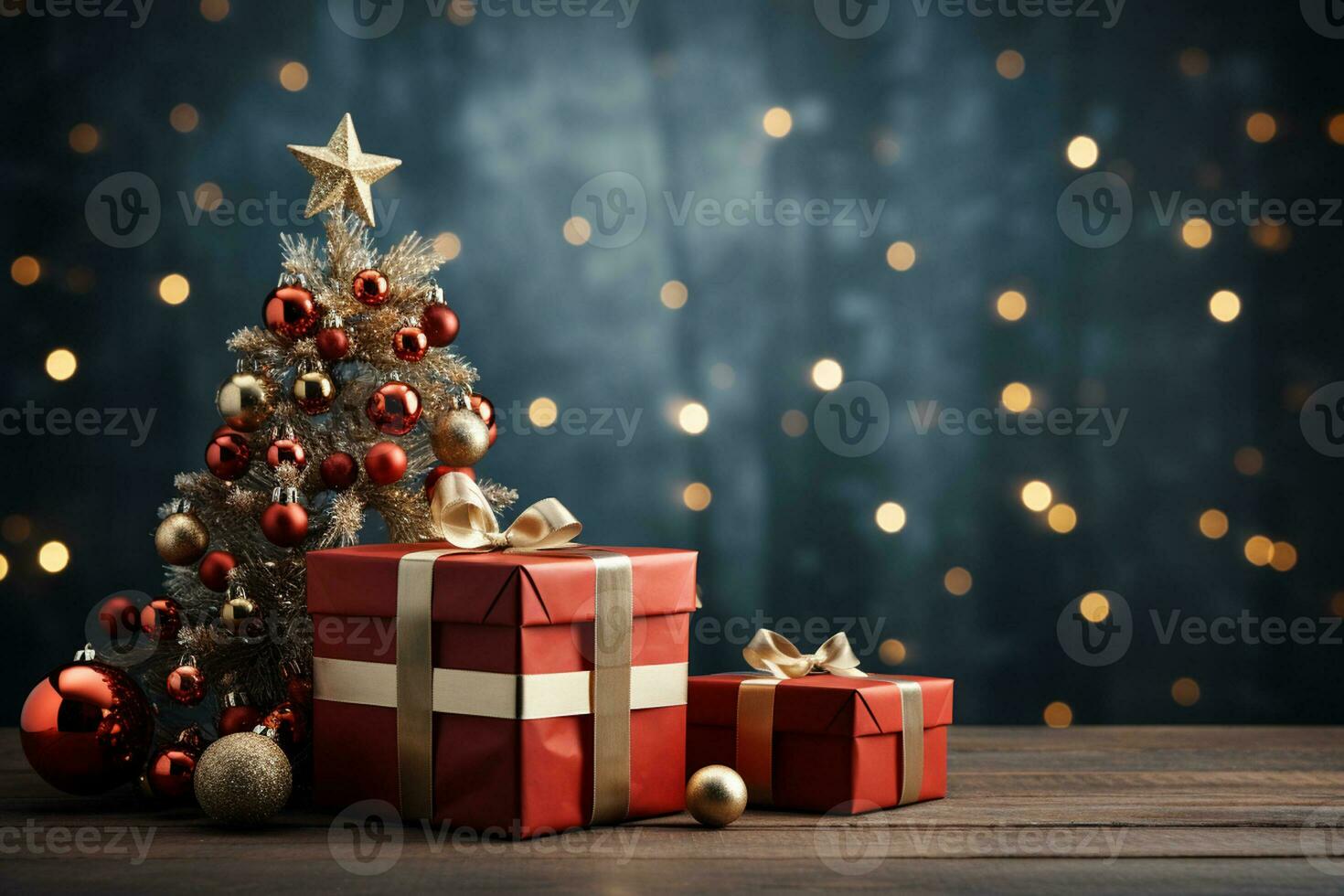 Ai Generative Background of christmas tree and red gift box on a christmas empty background with copy space photo