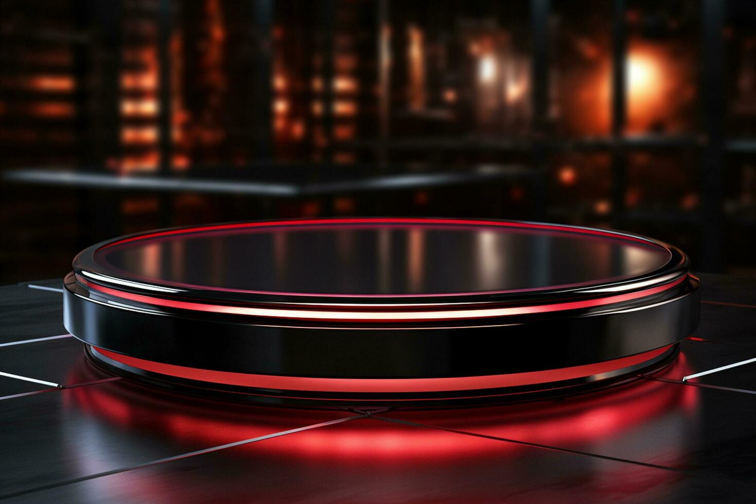 Ai Generated photo red light round podium and black background for mock up realistic image