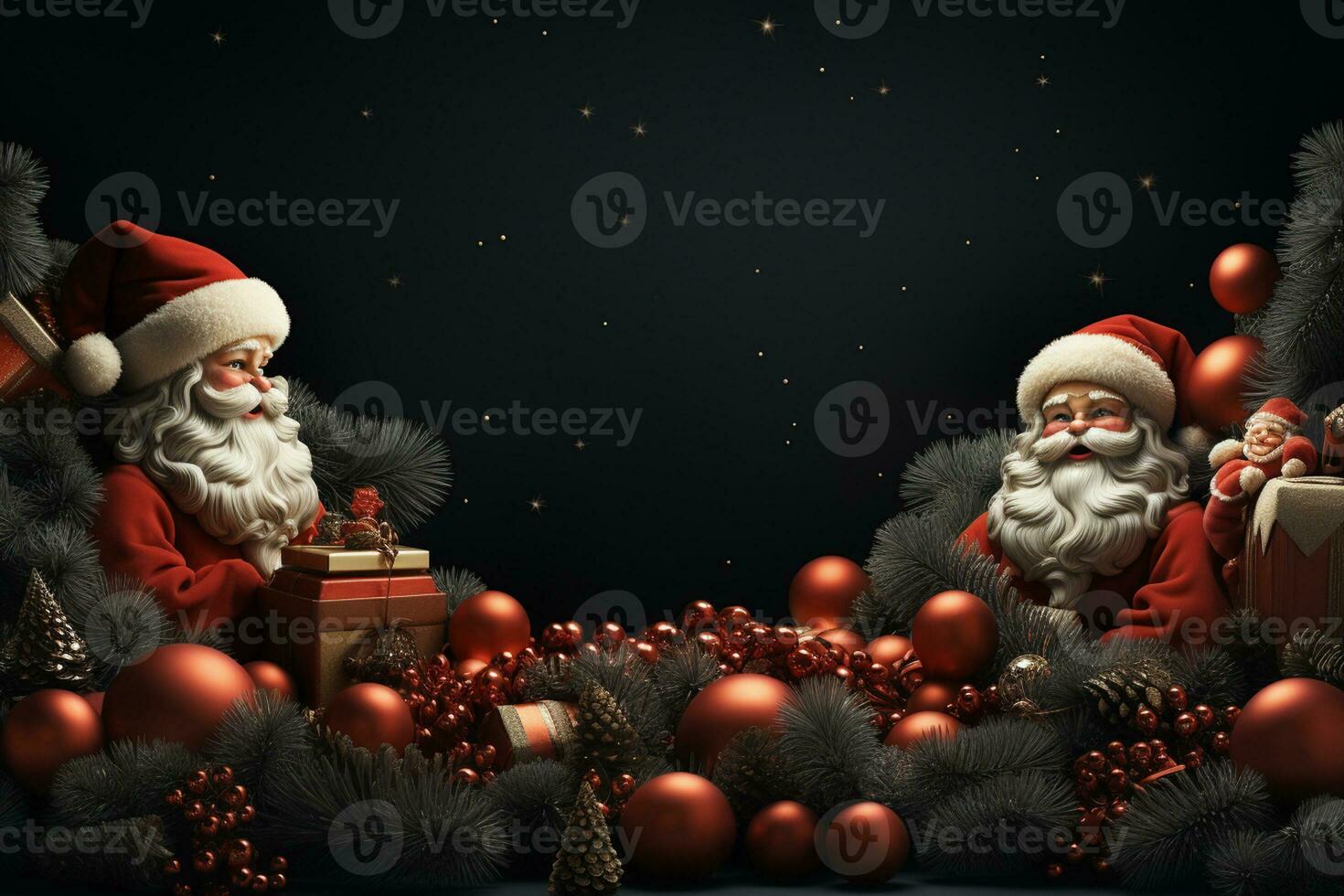 Ai Generative Christmas banner with copy space for text, santa claus celebrate with giftboxes, fir tree branches and red ornaments, dark color background photo