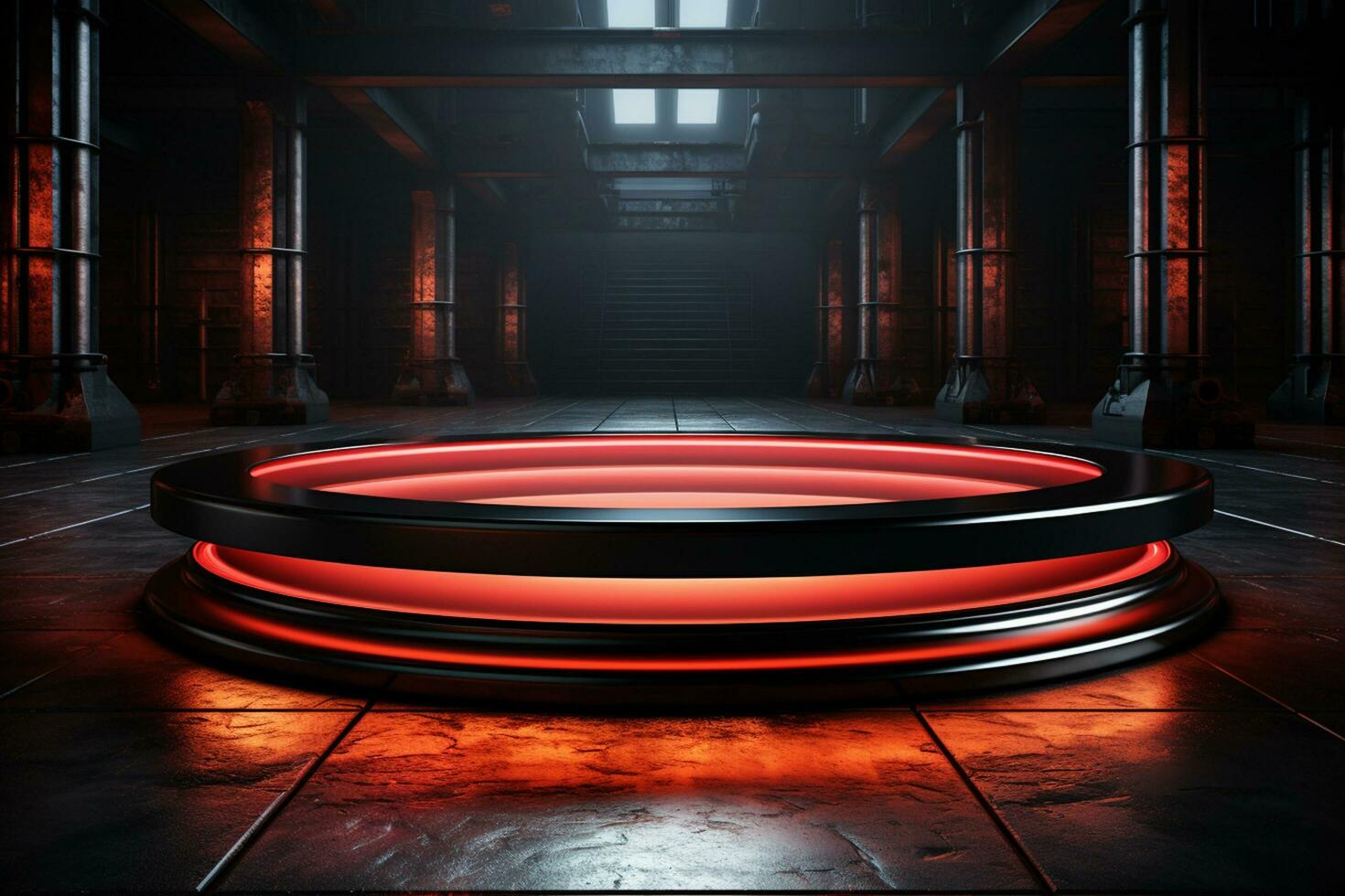 Ai Generated photo red light round podium and black background for mock up realistic image