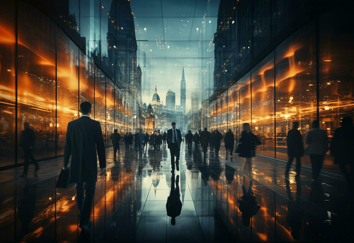 ai generativo negocio personas caminando en un ciudad a noche foto