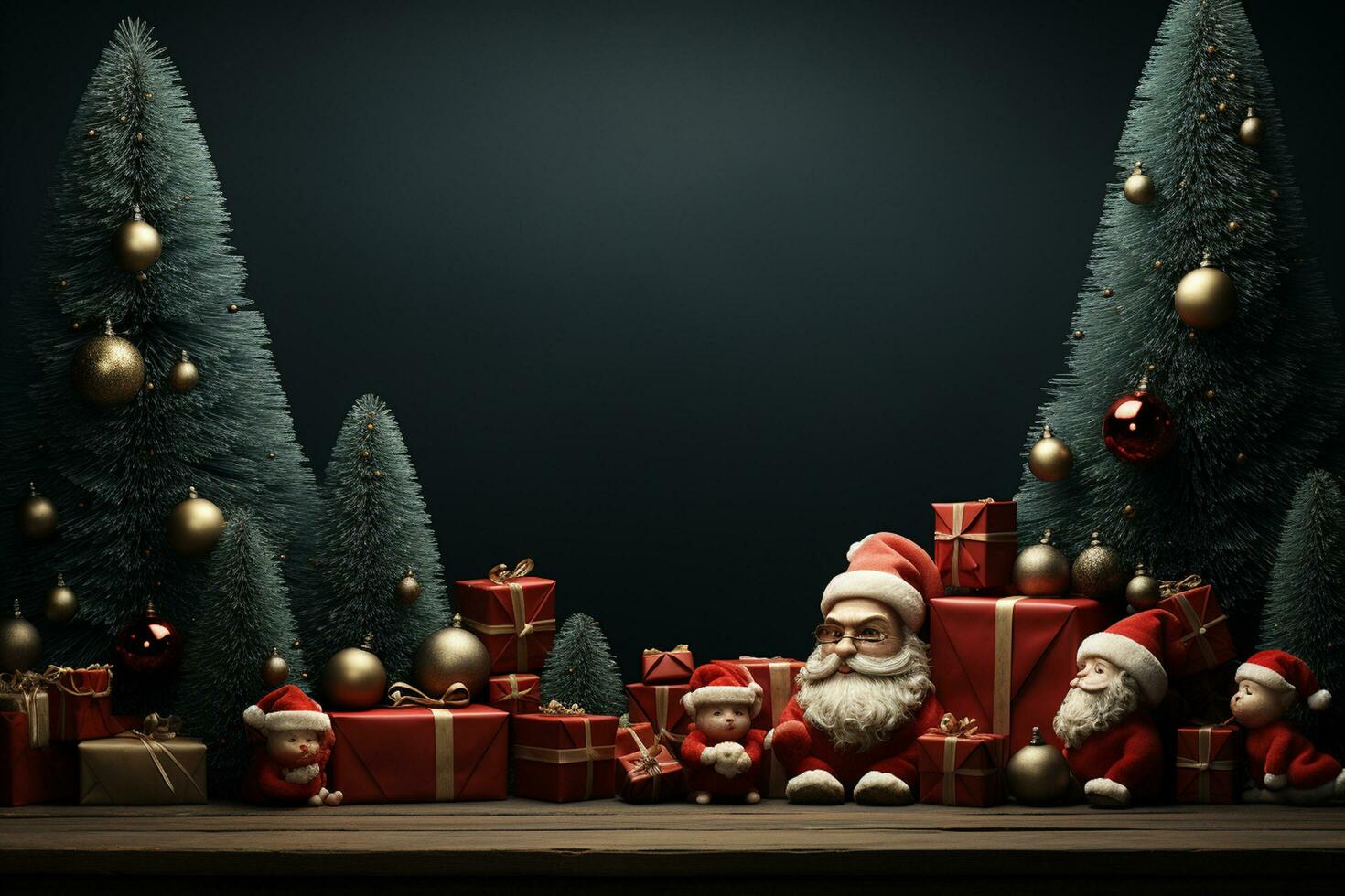 Ai Generative Christmas banner with copy space for text, santa claus celebrate with giftboxes, fir tree branches and red ornaments, dark color background photo