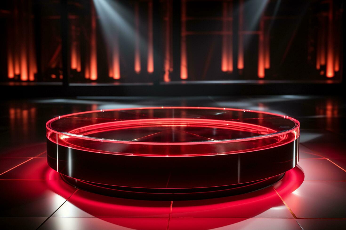 Ai Generated photo red light round podium and black background for mock up realistic image