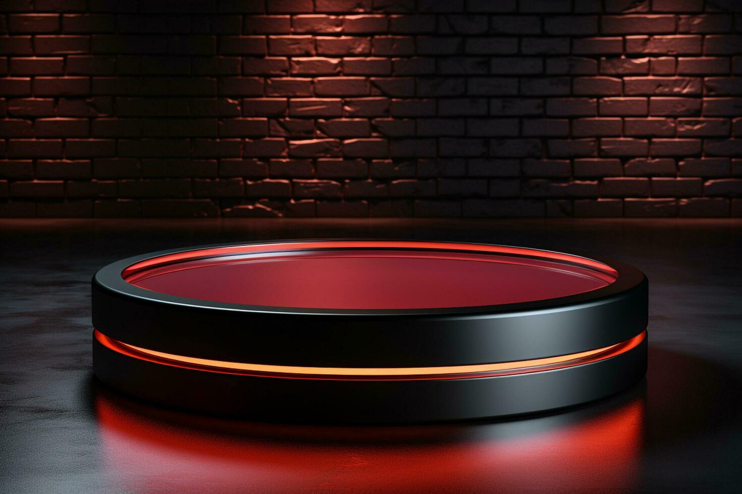 Ai Generated photo red light round podium and black background for mock up realistic image