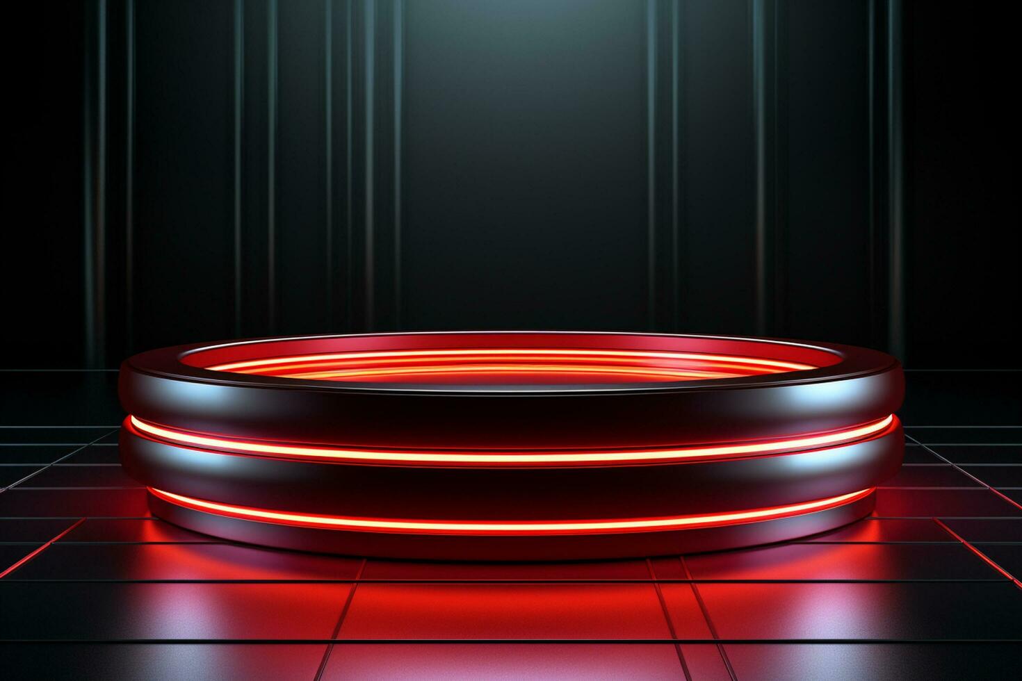 Ai Generated photo red light round podium and black background for mock up realistic image