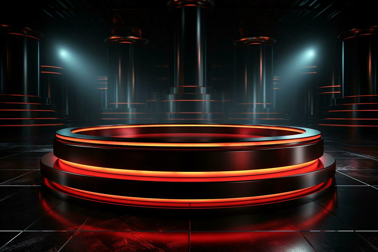 Ai Generated photo red light round podium and black background for mock up realistic image