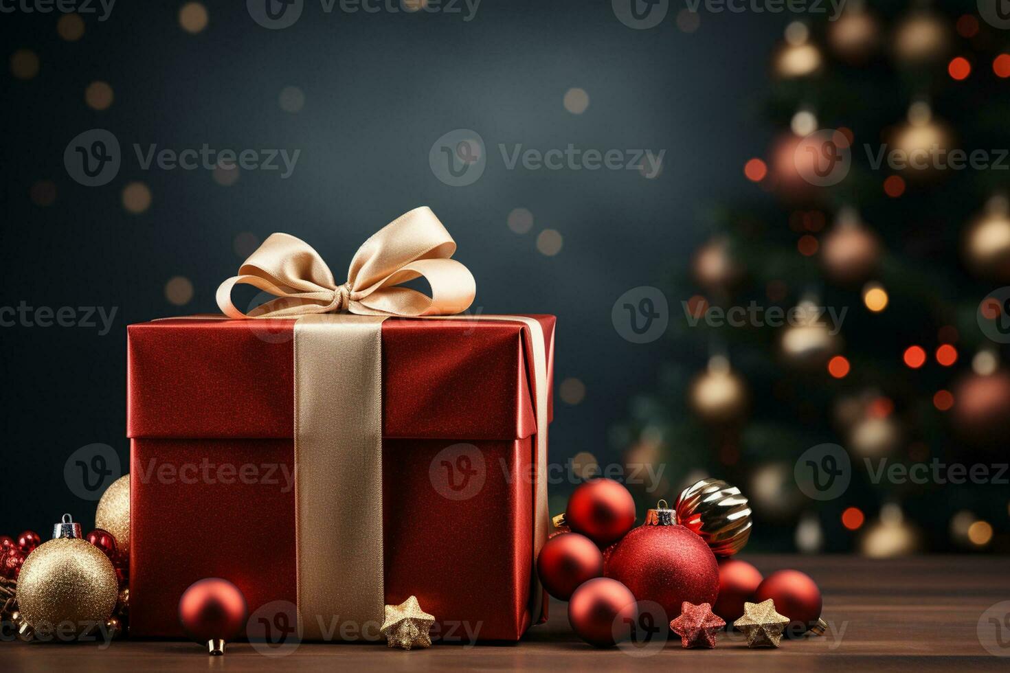 Ai Generative Background of christmas tree and red gift box on a christmas empty background with copy space photo