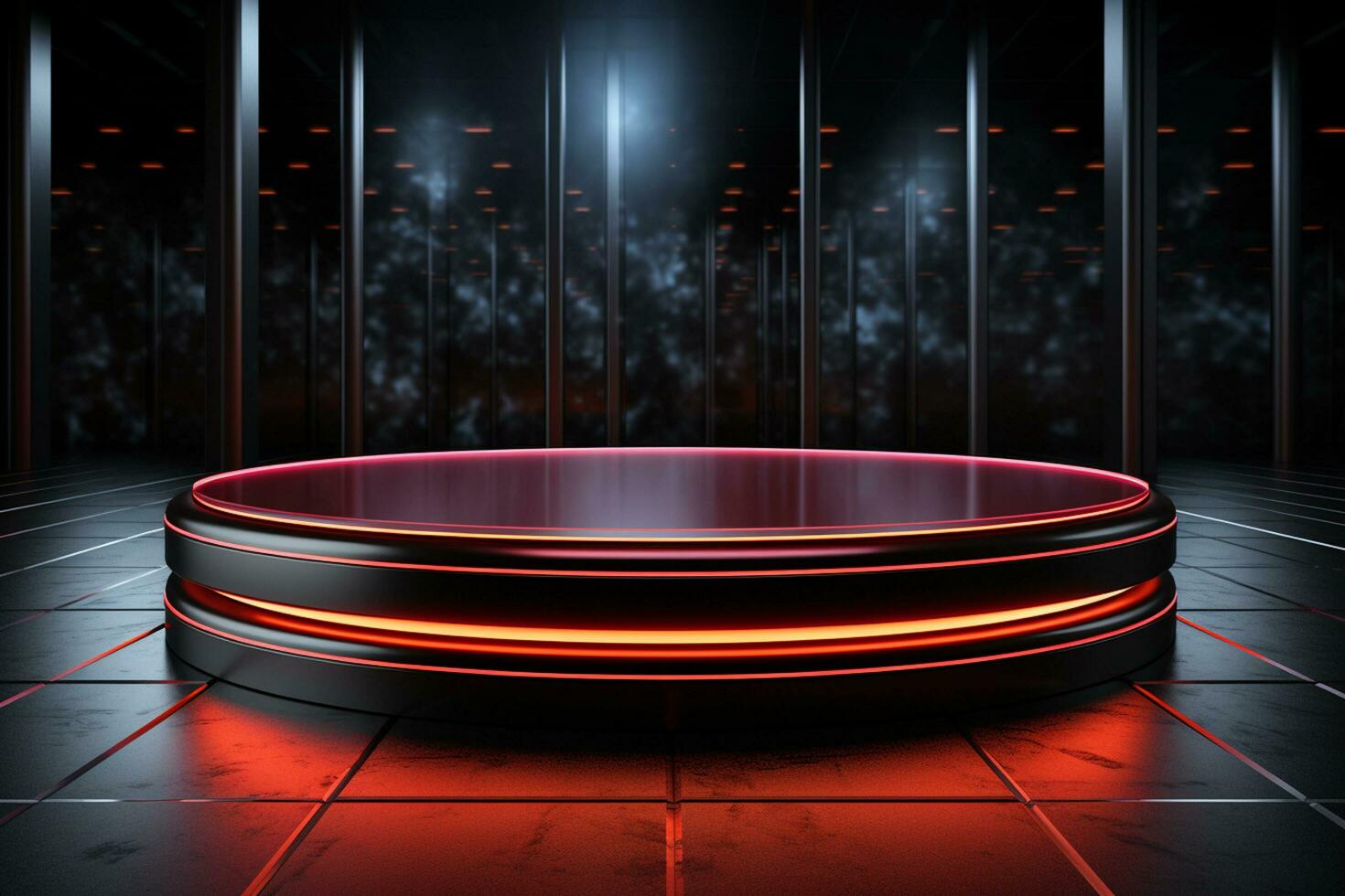 Ai Generated photo red light round podium and black background for mock up realistic image