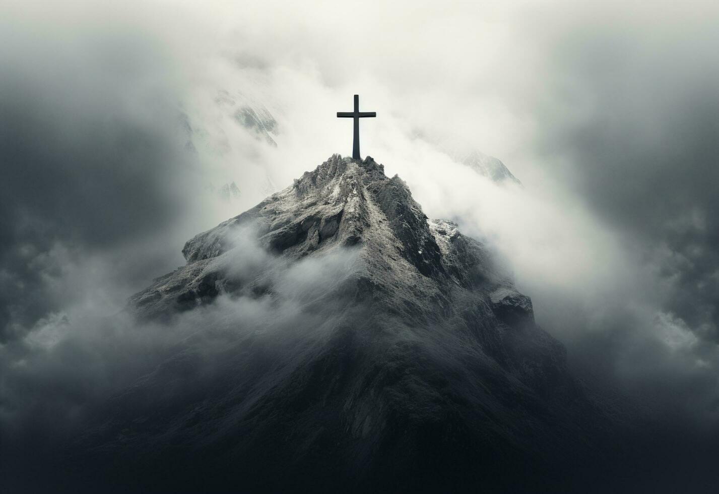 Ai Generative A stunning landscape silhouette with a crucifix at its center, symbolizing the resurrection of Jesus and the Christian faith. The beautiful mountain scenery, the vibrant sky. photo