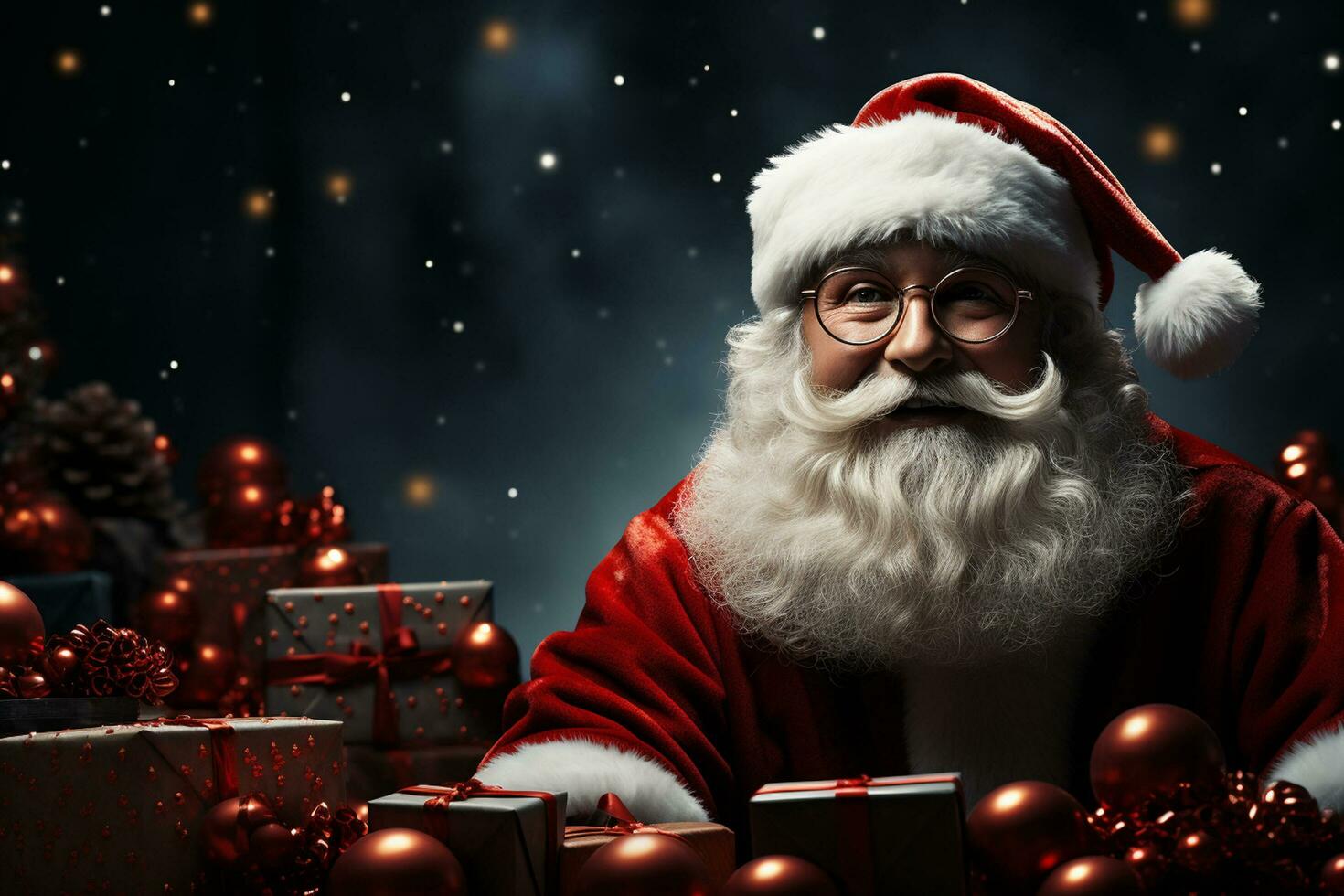 Ai Generative Christmas banner with copy space for text, santa claus celebrate with giftboxes, fir tree branches and red ornaments, dark color background photo