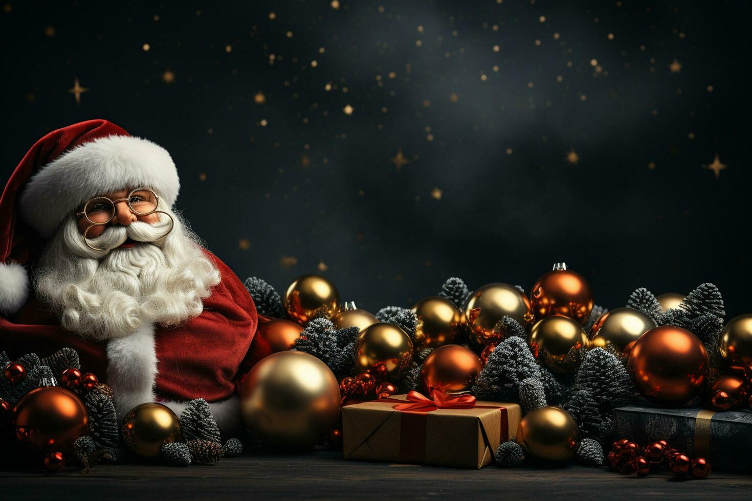 Ai Generative Christmas banner with copy space for text, santa claus celebrate with giftboxes, fir tree branches and red ornaments, dark color background photo