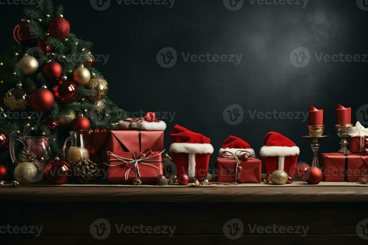 Ai Generative Christmas banner with copy space for text, santa claus celebrate with giftboxes, fir tree branches and red ornaments, dark color background photo