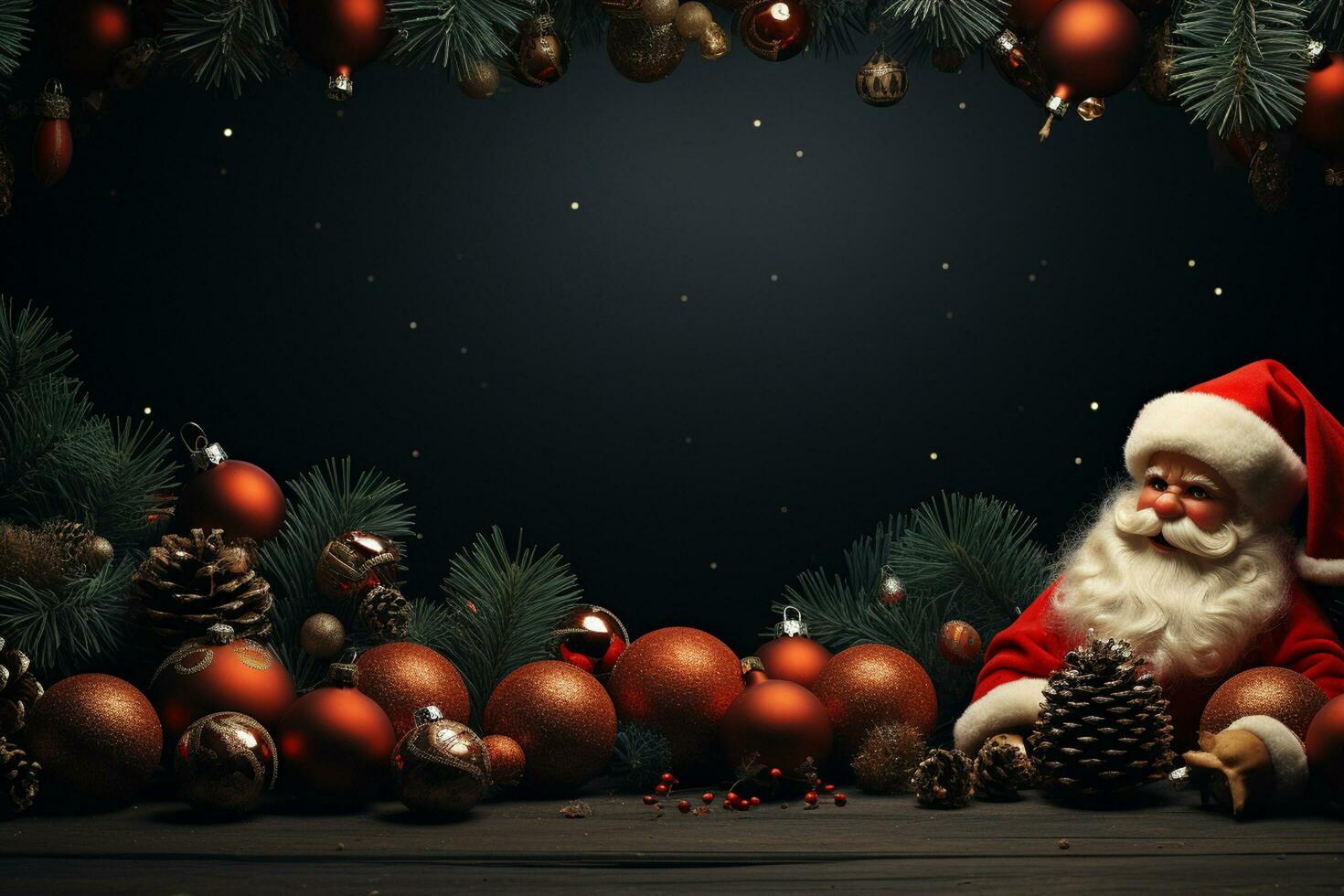 Ai Generative Christmas banner with copy space for text, santa claus celebrate with giftboxes, fir tree branches and red ornaments, dark color background photo