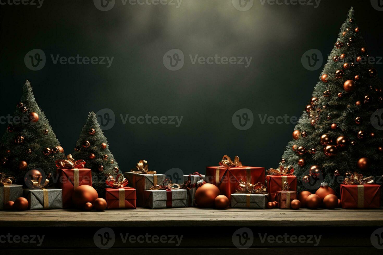 Ai Generative Christmas banner with copy space for text, santa claus celebrate with giftboxes, fir tree branches and red ornaments, dark color background photo