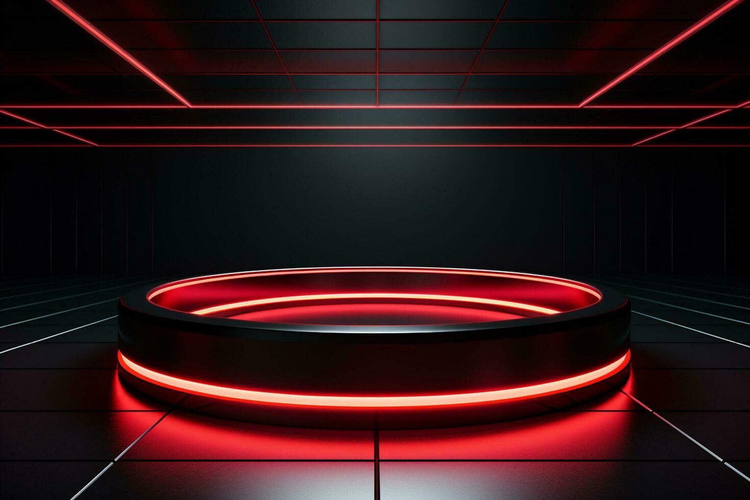 Ai Generated photo red light round podium and black background for mock up realistic image