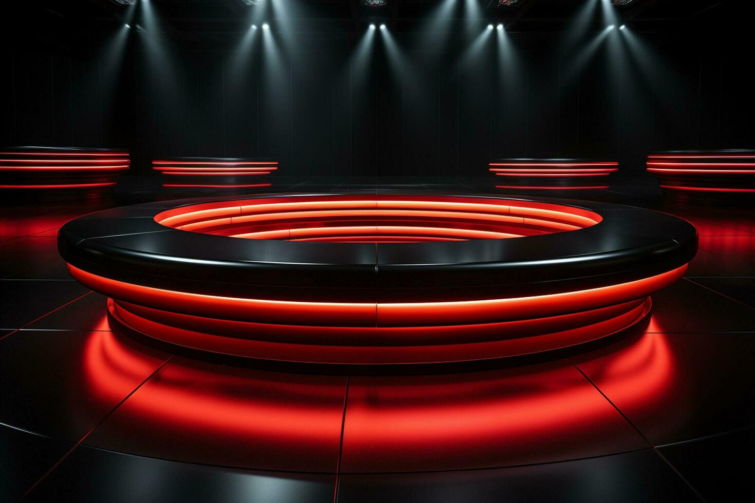 Ai Generated photo red light round podium and black background for mock up realistic image