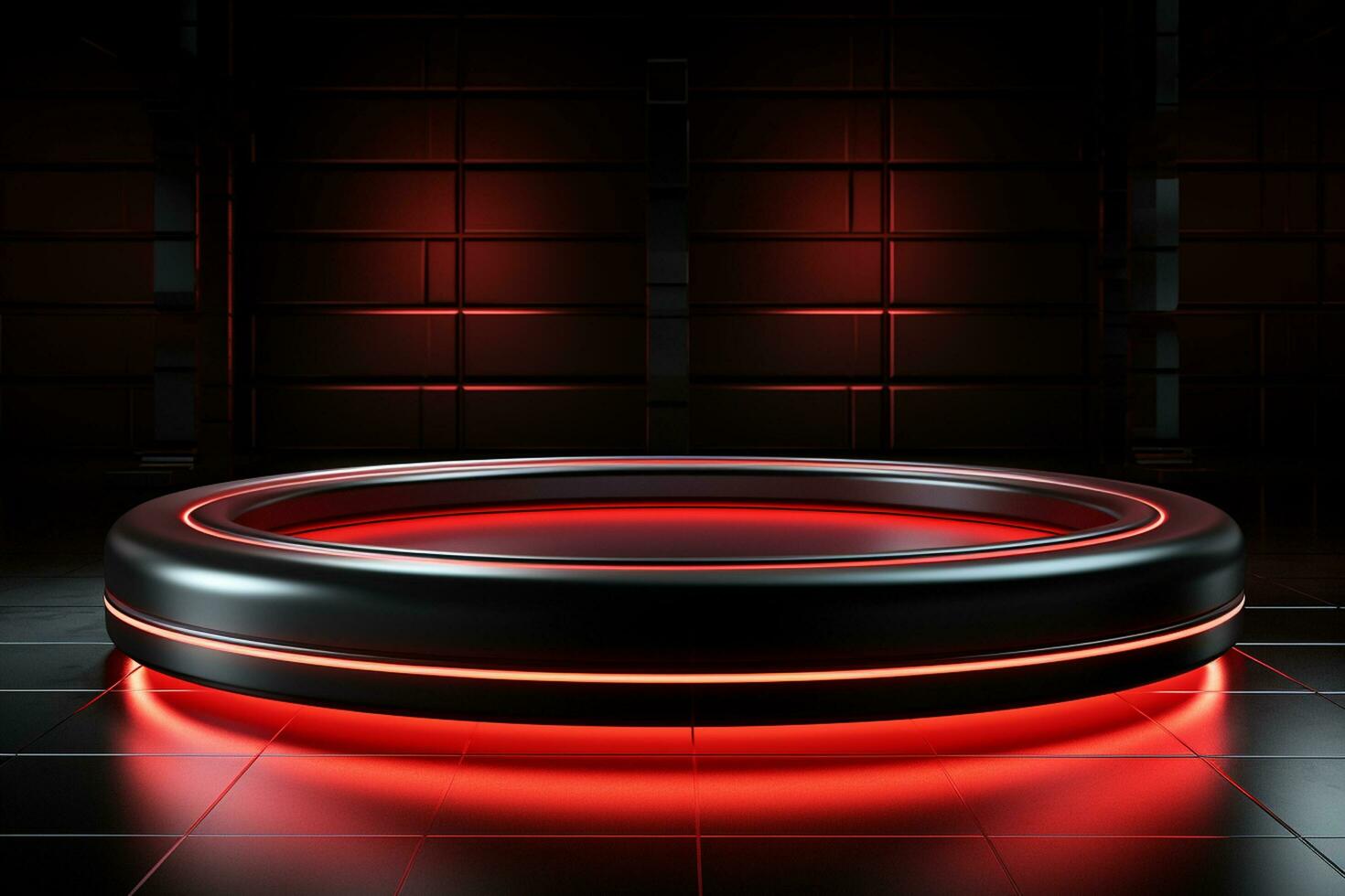 Ai Generated photo red light round podium and black background for mock up realistic image