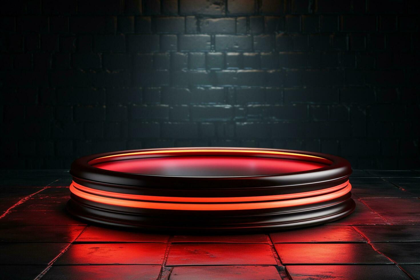 Ai Generated photo red light round podium and black background for mock up realistic image