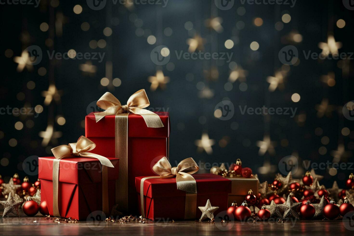 Ai Generative Background of christmas tree and red gift box on a christmas empty background with copy space photo