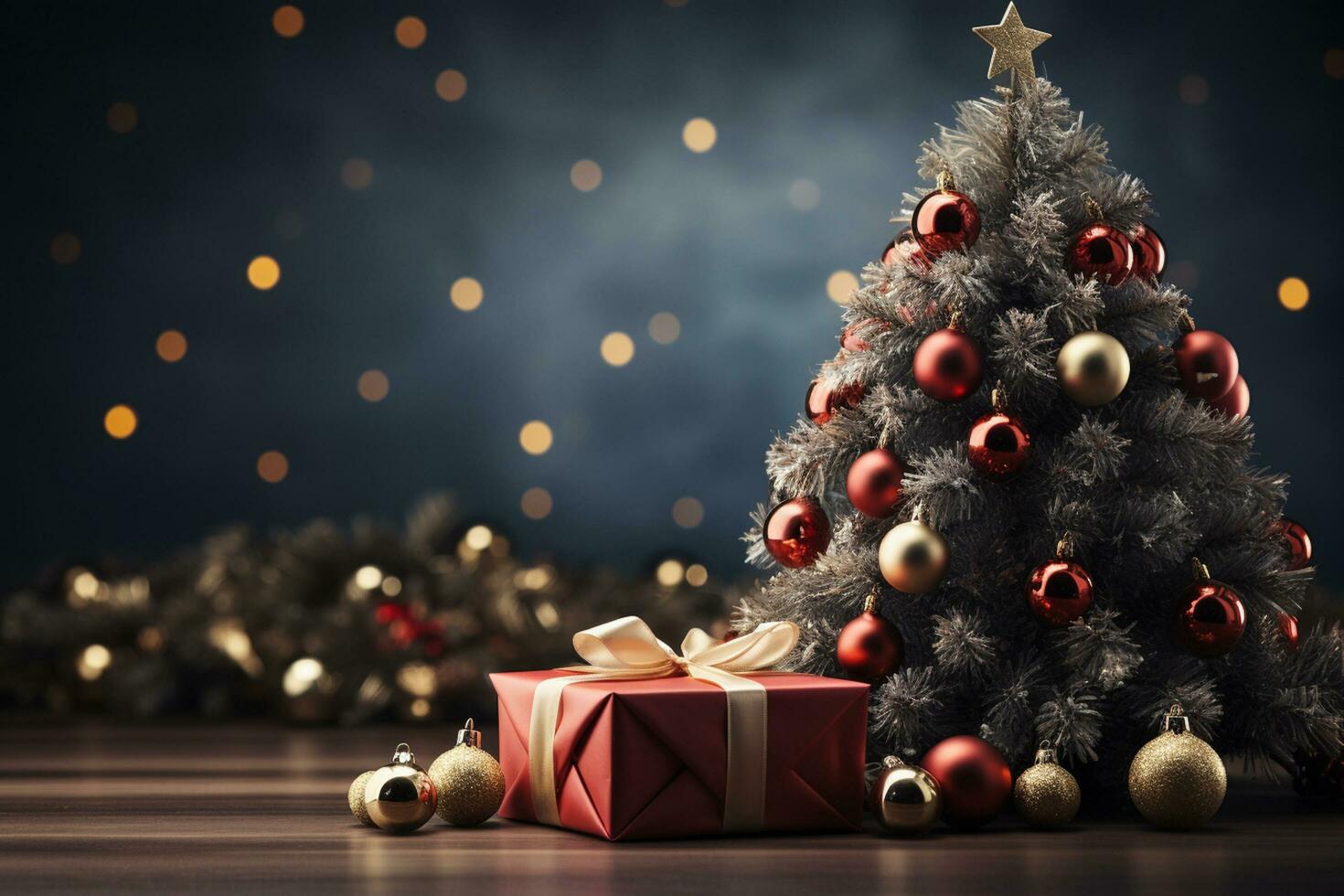 Ai Generative Background of christmas tree and red gift box on a christmas empty background with copy space photo