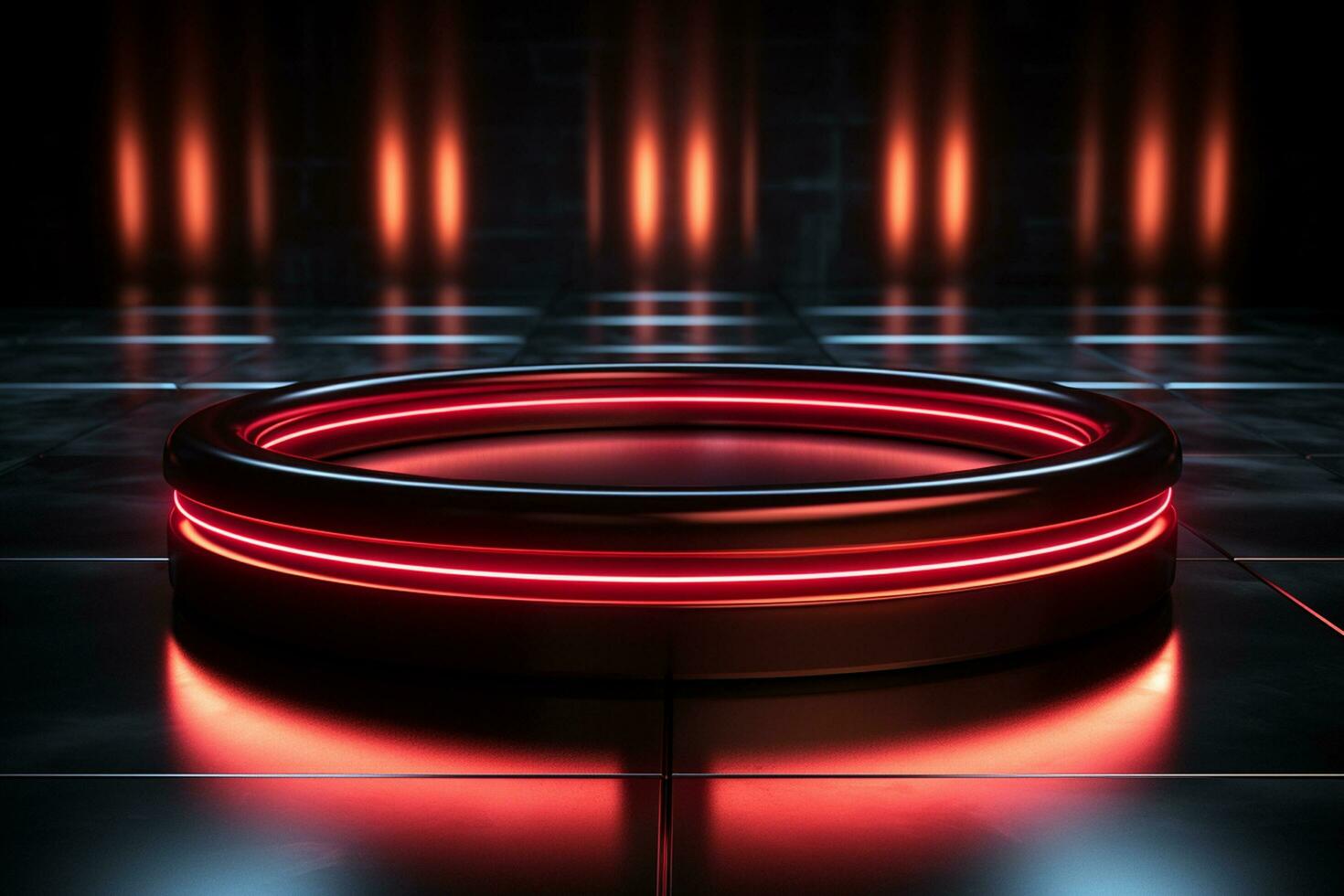 Ai Generated photo red light round podium and black background for mock up realistic image