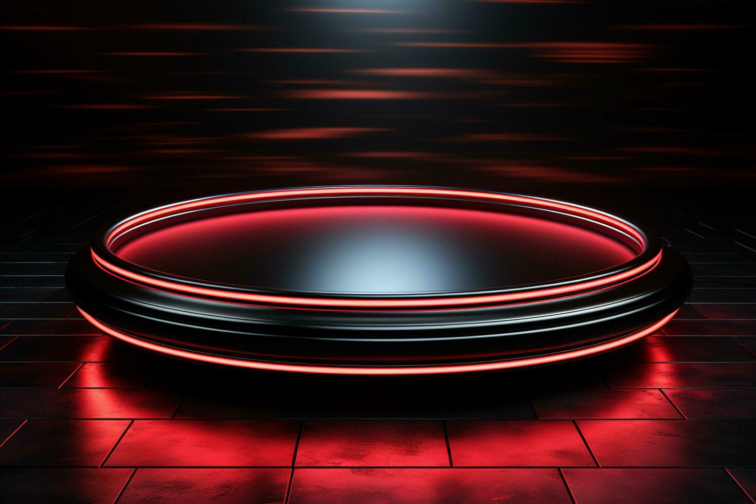 Ai Generated photo red light round podium and black background for mock up realistic image