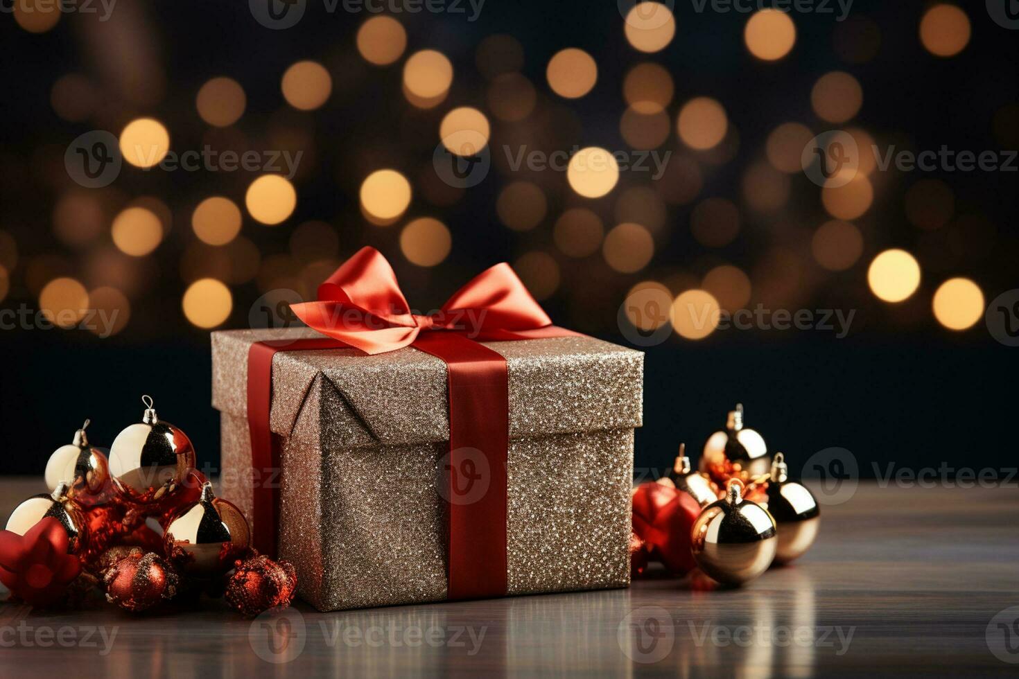 Ai Generative Background of christmas tree and red gift box on a christmas empty background with copy space photo