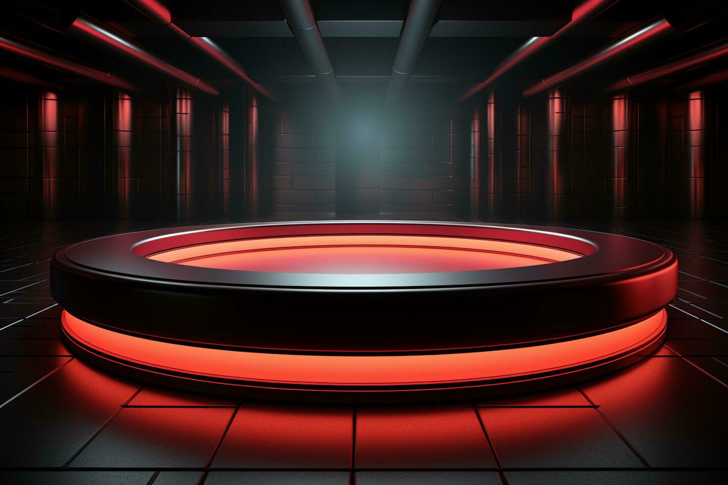 Ai Generated photo red light round podium and black background for mock up realistic image