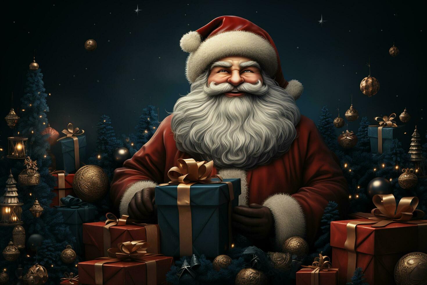 Ai Generative Christmas banner with copy space for text, santa claus celebrate with giftboxes, fir tree branches and red ornaments, dark color background photo