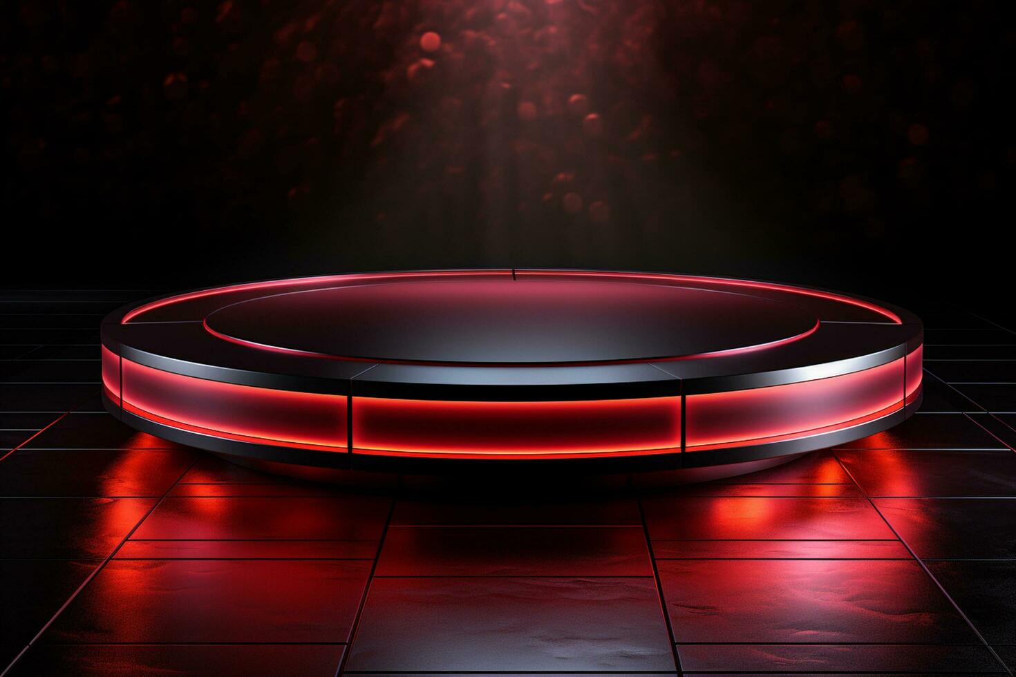 Ai Generated photo red light round podium and black background for mock up realistic image