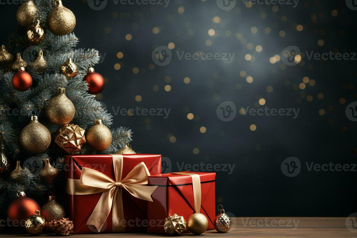 Ai Generative Background of christmas tree and red gift box on a christmas empty background with copy space photo