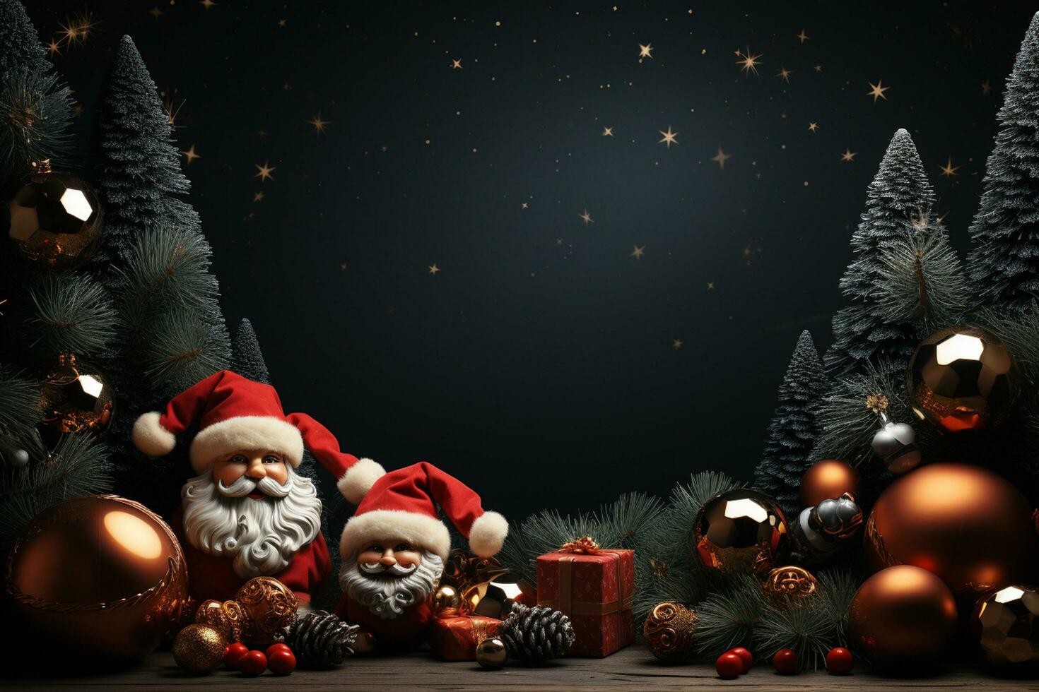 Ai Generative Christmas banner with copy space for text, santa claus celebrate with giftboxes, fir tree branches and red ornaments, dark color background photo