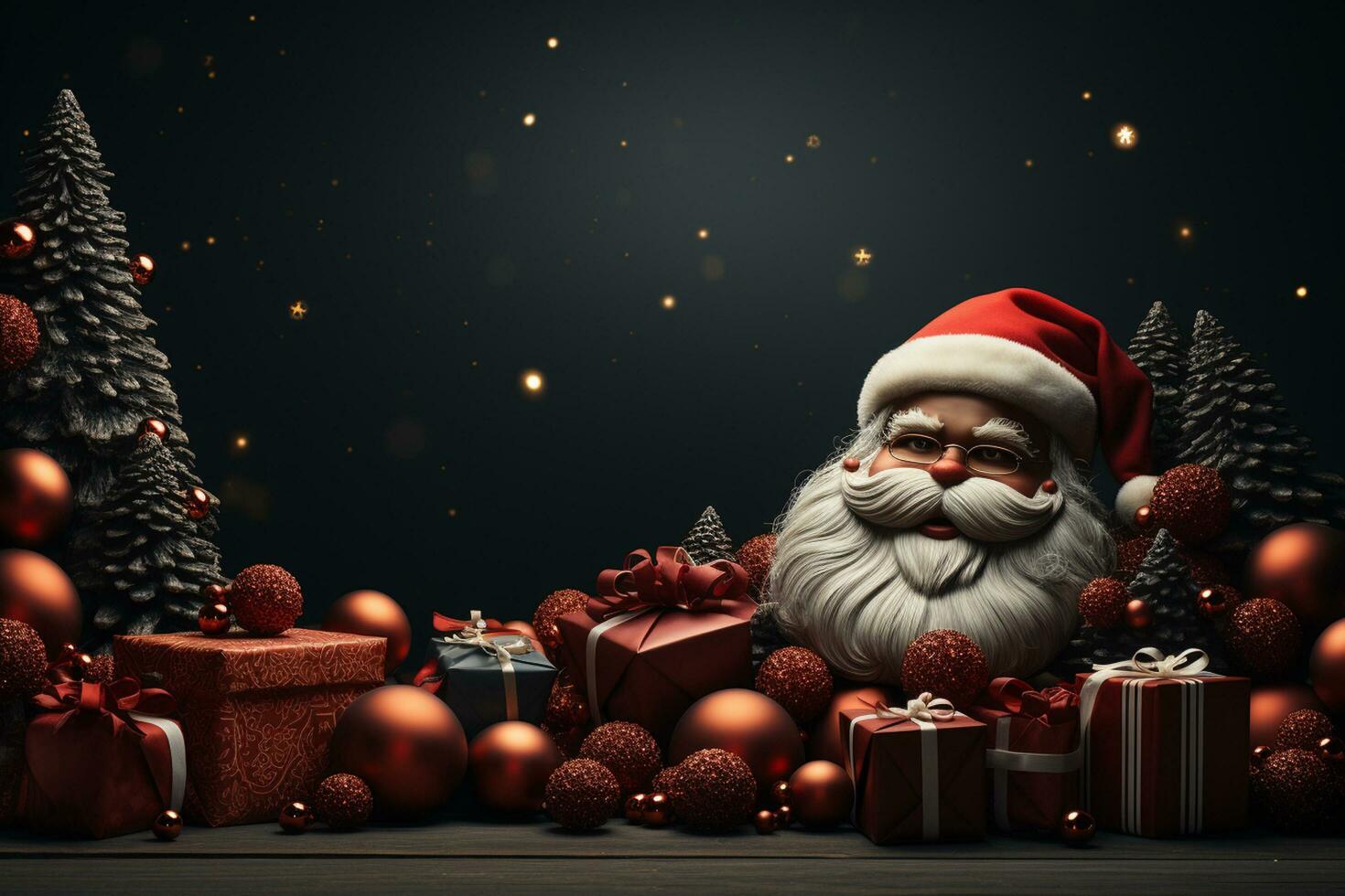 Ai Generative Christmas banner with copy space for text, santa claus celebrate with giftboxes, fir tree branches and red ornaments, dark color background photo