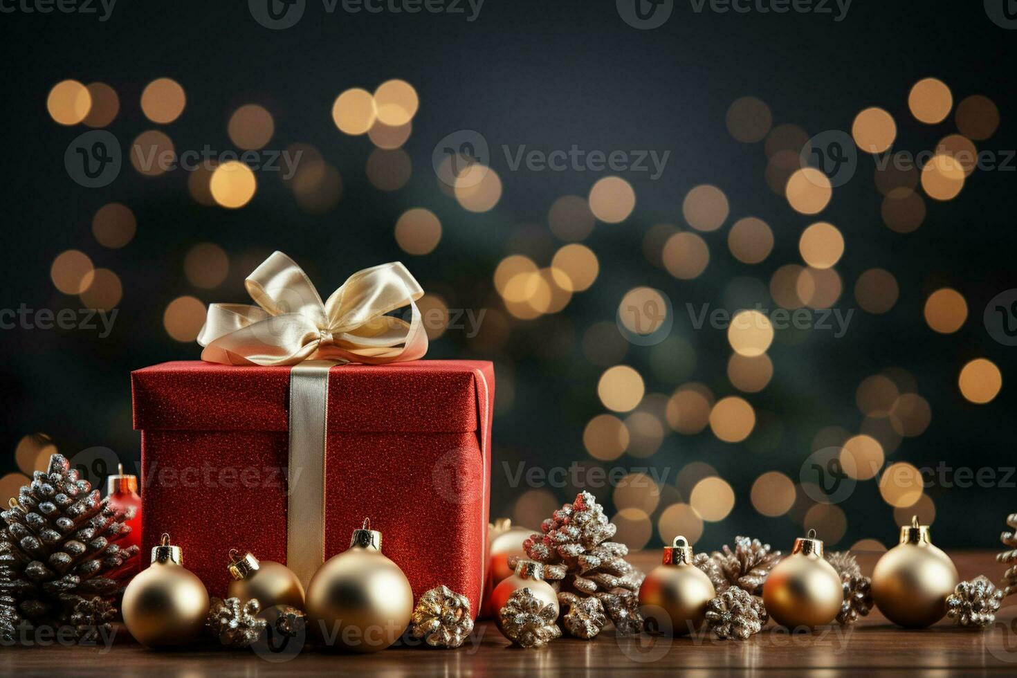 Ai Generative Background of christmas tree and red gift box on a christmas empty background with copy space photo