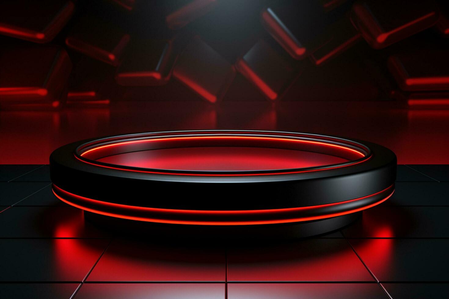 Ai Generated photo red light round podium and black background for mock up realistic image