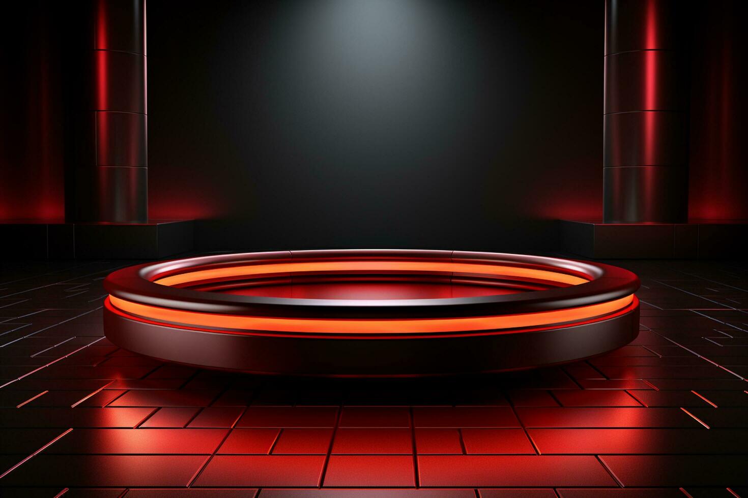 Ai Generated photo red light round podium and black background for mock up realistic image