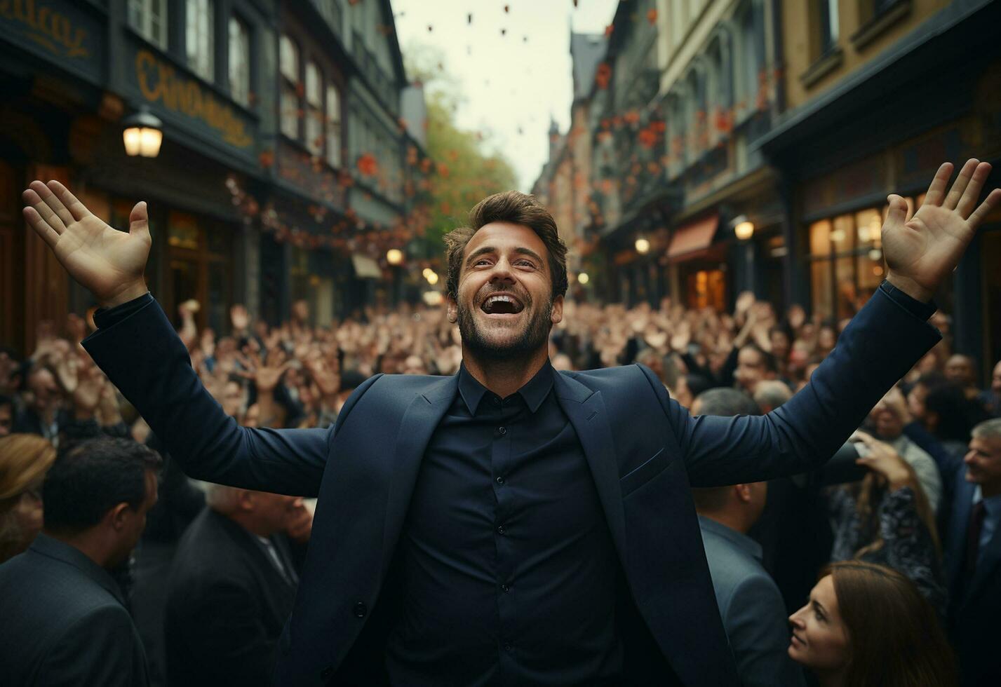 ai generativo hombre en un traje es celebrando éxito en el calle foto