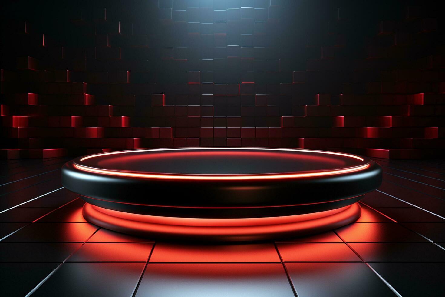 Ai Generated photo red light round podium and black background for mock up realistic image