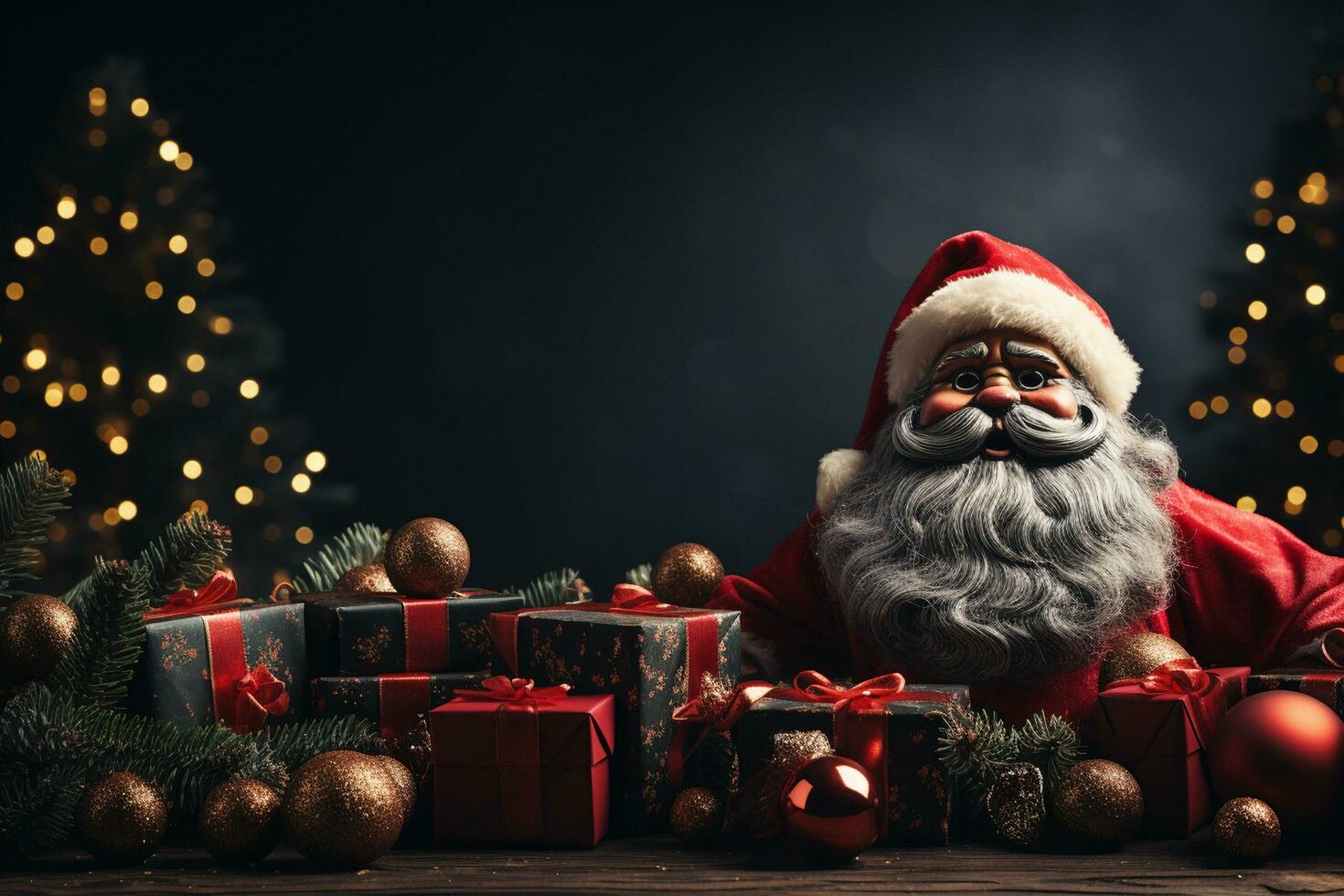 Ai Generative Christmas banner with copy space for text, santa claus celebrate with giftboxes, fir tree branches and red ornaments, dark color background photo