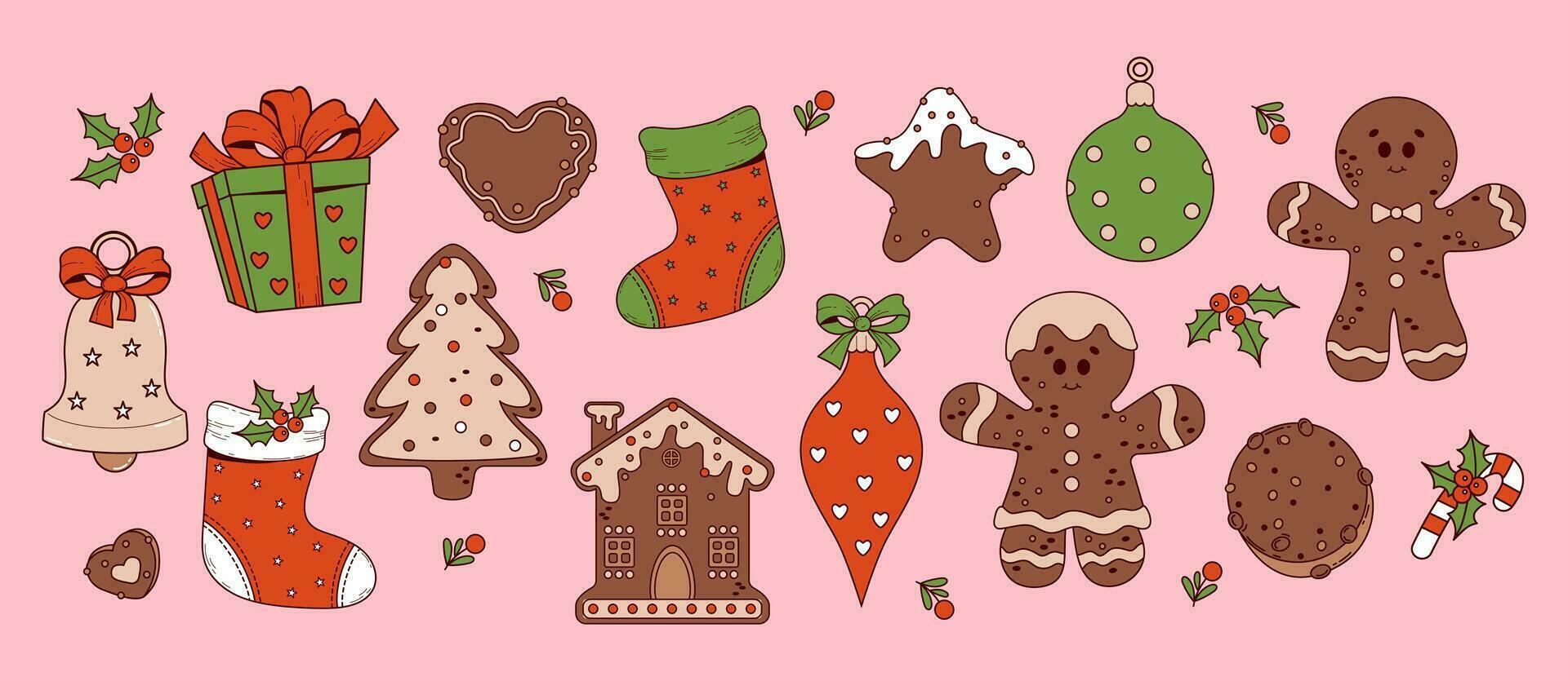 Christmas sticker set. Gingerbread man and house, tree toys and stocking, gift, caramel and more. Cool retro cartoon elements in trendy groovy hippie style. Merry Christmas and Happy New year. vector